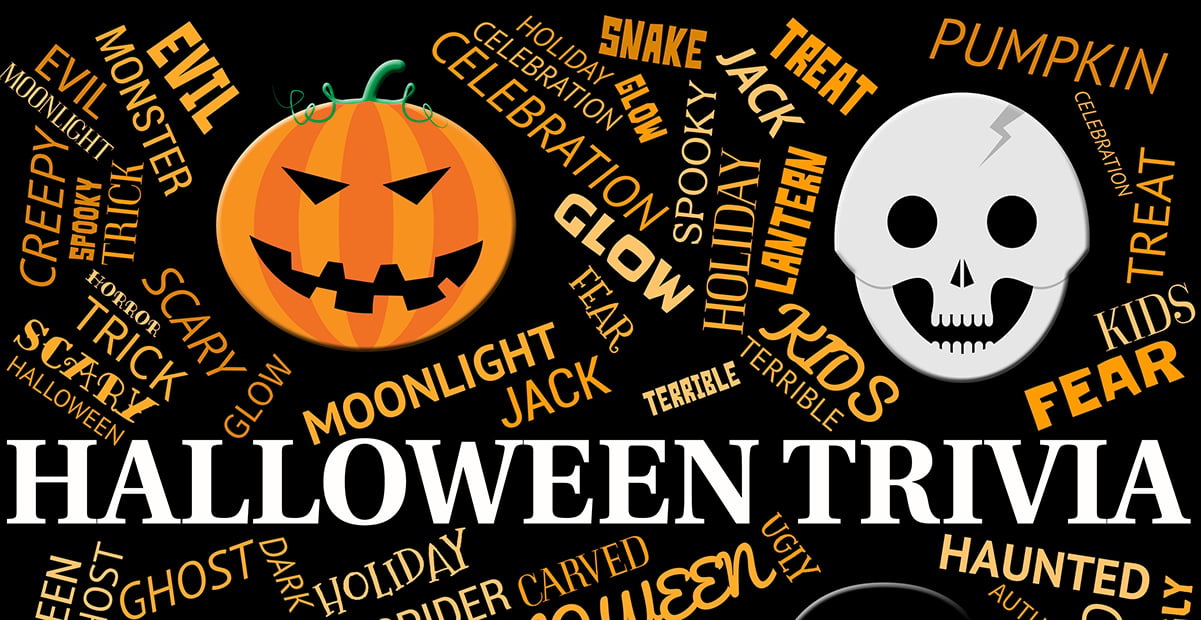 Graphic featuring a cartoon jack-o-lantern and a skull with the words Halloween Trivia below them