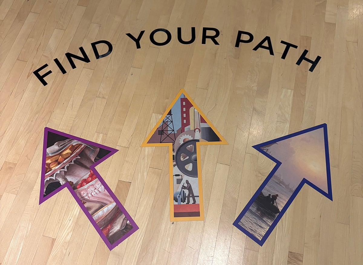 A wood floor featuring graphics that say Find Your Path with 3 arrows underneath pointing in different directions