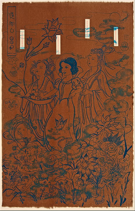 A three-color lithograph featuring Snow White between two women dressed in traditional Korean clothing